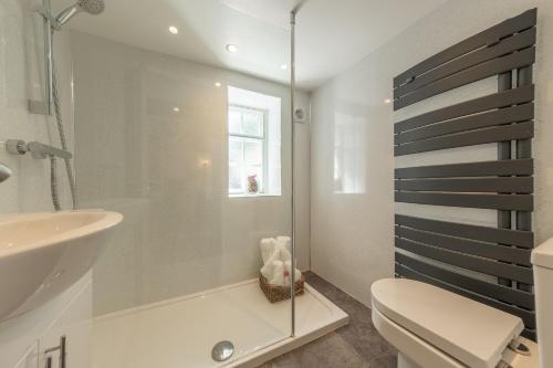 a bathroom with a shower and a toilet and a sink at White Rose Cottage in Constable Burton