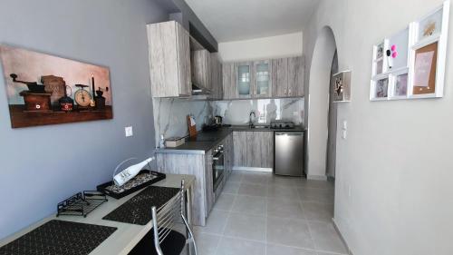 uma cozinha com um frigorífico e uma mesa em V&D Paleokastritsa Apartments em Lákones