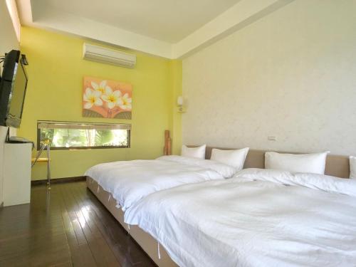 two white beds in a room with a tv at Aqua Star Villa Homestay in Dongshan