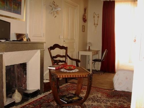 - un salon avec une chaise et une cheminée dans l'établissement Sylvie BARON - Composition Française - Chambres d'hôtes, à Romans-sur-Isère