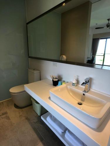 a bathroom with a sink and a toilet and a mirror at Aqua Star Villa Homestay in Dongshan