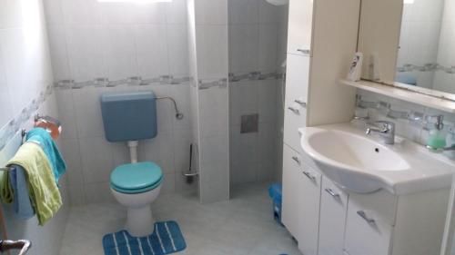 a bathroom with a blue toilet and a sink at Apartmani Stojan in Povljana