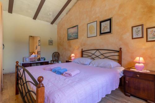 1 dormitorio con 1 cama grande con almohadas rosas en Villa Chiara with private pool, en Žminj