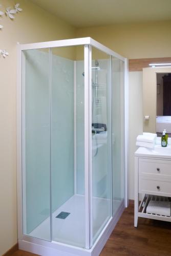 une douche en verre dans une salle de bain avec un lavabo dans l'établissement Les Chambres du Montréal et l'Hôtel particulier, à Montréal