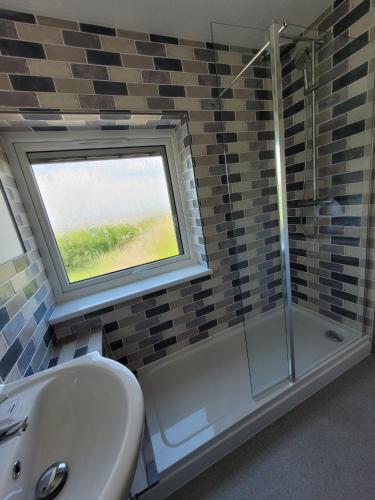 a bathroom with a sink and a shower with a window at South Sands Hotel in Weston-super-Mare
