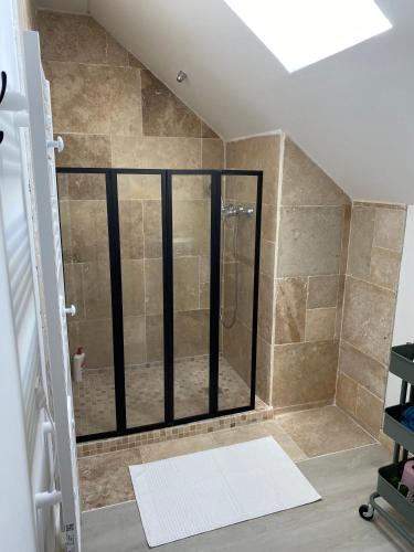 une douche avec une porte vitrée dans une salle de bain dans l'établissement Les Chambres De Napoleon, à Lannédern