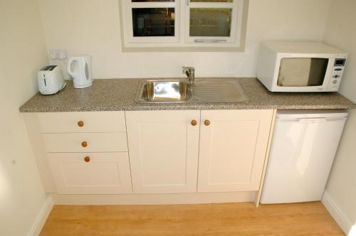 a kitchen with a sink and a microwave at Field Cottage Bed and Continental Breakfast in East Harling