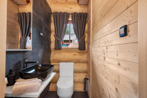 a bathroom with a toilet and a sink at Log House The River Pearl in Brod na Kupi
