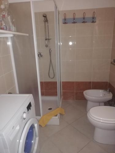 uma casa de banho com um chuveiro, um WC e uma máquina de lavar roupa em Irma House em Tollo