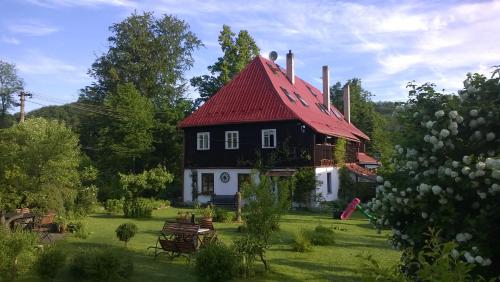 a house with a red roof on a green yard at Pension Laura in Chřibská