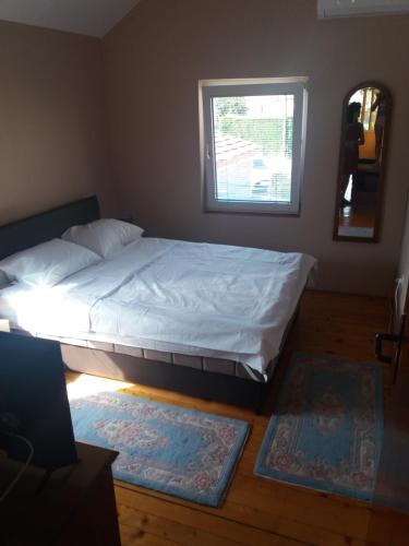 a bed in a bedroom with a window and two rugs at Apartman Mila i Kaja in Nikšić