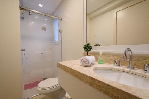 a bathroom with a sink and a toilet and a shower at Serra Nevada Apartamento- Vista Catedral de Pedra in Canela