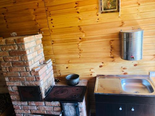 a small kitchen with a stove and a sink at La Container in Curtea de Argeş
