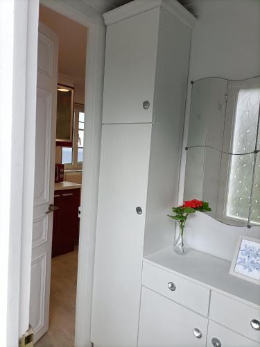 a white cabinet in a kitchen with a vase of flowers at O Chaleco in San Ciprián