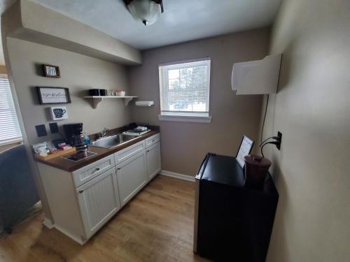 a small kitchen with a sink and a counter at The Lakehouse Inn Geneva in Geneva-on-the-Lake