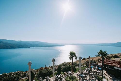 a view of a body of water with palm trees at Althaia Hotel in Thermo