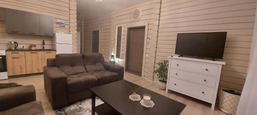 Il comprend un salon avec une chaise et une télévision à écran plat. dans l'établissement Lazariškio apartamentai, à Martyniškėnai