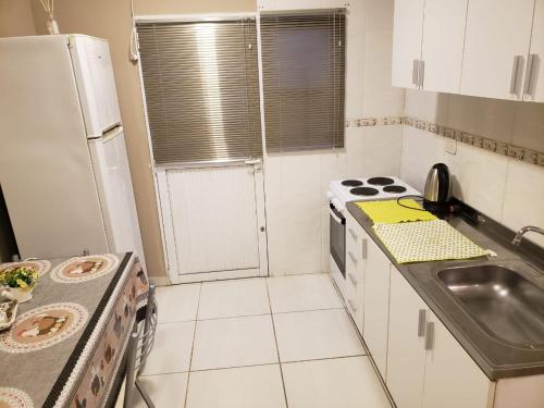 Una pequeña cocina con fregadero y refrigerador. en Gala, en Paso de los Libres