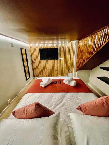 une chambre avec deux lits et une télévision à écran plat dans l'établissement Suite souplex Païka, à Montpellier