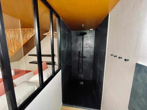 - une douche à l'italienne dans une chambre dotée de parois en verre dans l'établissement Suite souplex Païka, à Montpellier