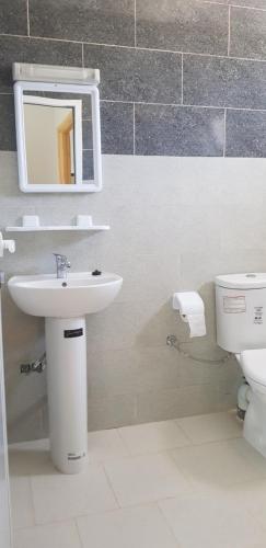 y baño con lavabo, aseo y espejo. en Superbe Appartement bouki, en Alhucemas