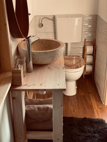 a bathroom with a sink and a toilet at Boutique Glamping Divja DiVine in Zgornja Korena