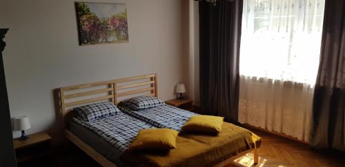 1 dormitorio con 1 cama con 2 almohadas y ventana en Na Zamkniętej, en Ostróda