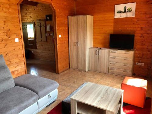 ein Wohnzimmer mit einem Sofa und einem TV in der Unterkunft Termálfalu és Kemping Zalaegerszeg - Standard Plus in Zalaegerszeg