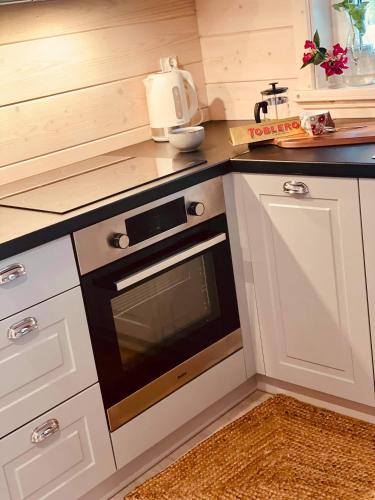 a kitchen with a black oven and white cabinets at Dom z bala balia in Biskupiec