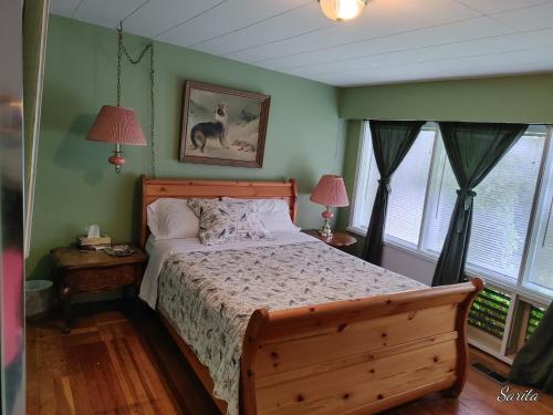 ein Schlafzimmer mit einem Bett, zwei Lampen und zwei Fenstern in der Unterkunft Chilliwack Accomodation in Chilliwack