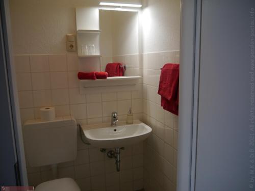 Un baño con lavabo, inodoro y espejo. en Pension Paetau, en Schönberg