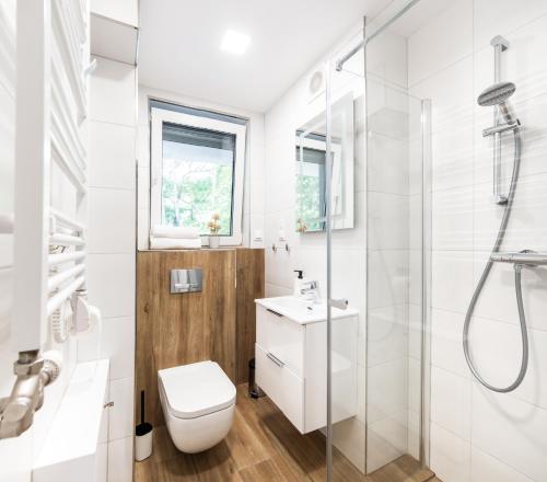 a bathroom with a toilet and a shower at Apartamenty 7 Fal in Pobierowo