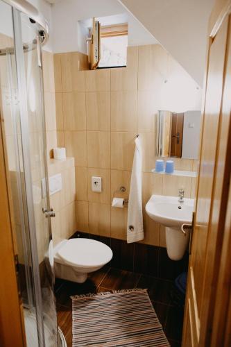 a small bathroom with a toilet and a sink at Penzion Sindlovec in Oravice