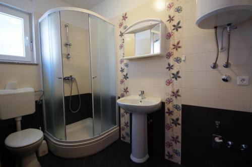 a bathroom with a shower and a sink and a toilet at Mima in Sveti Juraj