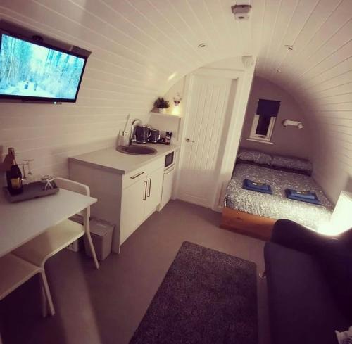 mały pokój z łóżkiem i umywalką w obiekcie Loch Ness Pods, Pod 2 w mieście Fort Augustus