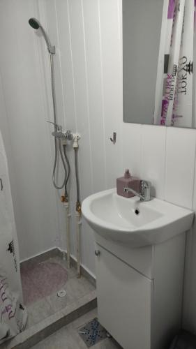 een witte badkamer met een wastafel en een douche bij Pontonul lui Cristian in Mahmudia