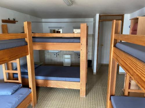 a room with three bunk beds and a bathroom at Gîte La Semois in Chiny
