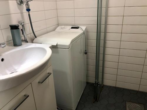 a small bathroom with a sink and a shower at Sweet Studio City Center T&ouml;&ouml;l&ouml;nkatu in Helsinki
