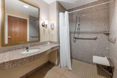 a bathroom with a shower, sink, and mirror at Comfort Suites Ocala North in Ocala