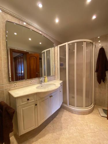 a bathroom with a shower and a sink and a mirror at La Ostra de Mirakontxa in San Sebastián