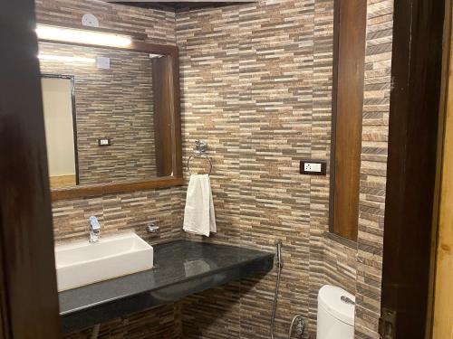 a bathroom with a sink and a mirror at Hotel Silverine in Shimla