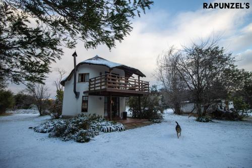 a dog standing in front of a house in the snow at JAYA'S PLACE in Hogsback