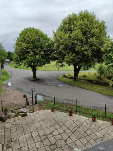 an empty road with two trees in the middle at Gite Les Eylauds in Pionsat