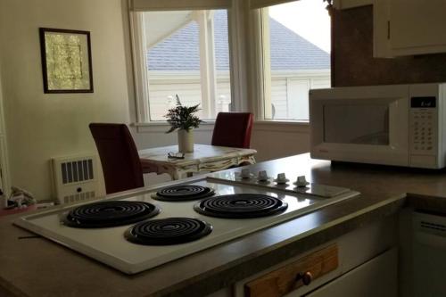 uma placa de fogão numa cozinha com um micro-ondas em Charming Home In Quiet Grangeville Neighborhood em Grangeville