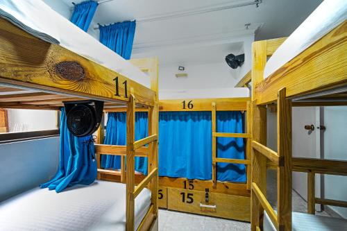 a room with two bunk beds with blue curtains at Hostal Palo Alto in San Andrés