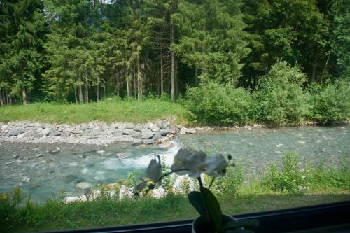 a view of a river from a window at Mountain Hostel City in Oberstdorf