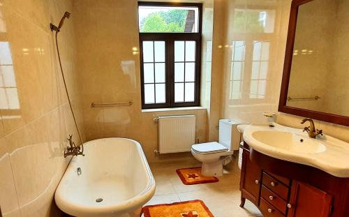 a bathroom with a tub and a sink and a toilet at Zur Krone Aparthotel in Widdershausen