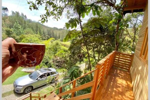 a person holding a coffee cup on the balcony of a house at La Casa En El Bosque in El Retiro