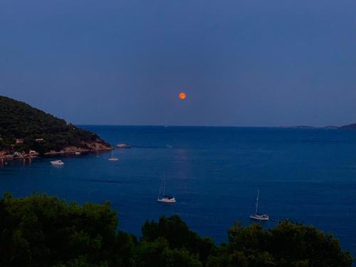 a full moon rising over a body of water with boats at Fedra Apartments in Poros