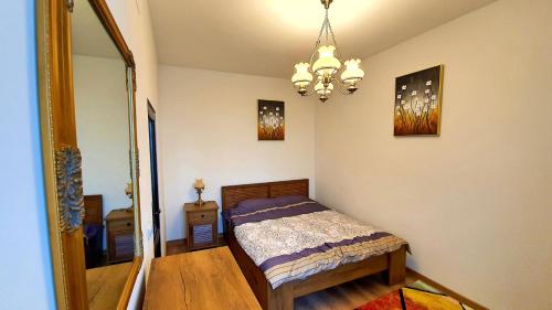 a bedroom with a bed and a chandelier at Zur Krone Aparthotel in Widdershausen